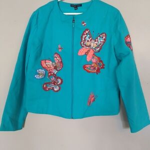 Vibrant Teal Bomber Jacket with Butterfly Embroidery. Boho Casual Chic